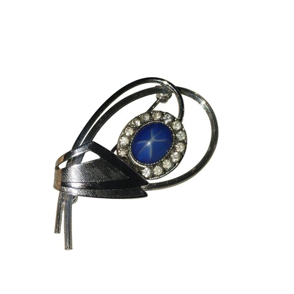Vintage 14K GF Brooch Blue Star Sapphire Stone Intricate Silver Tone Mid Century - Picture 2 of 6